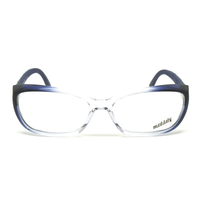 Mad In Italy AMELIA col. B03 è una montatura da vista in acetato blu con sfumatura centrale trasparente e calibro 54.