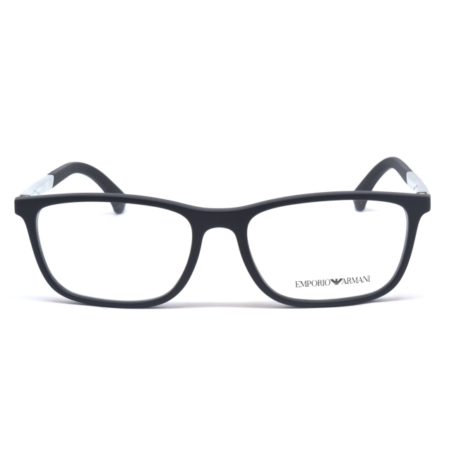 Emporio Armani EA 3069 col. 5063 è una montatura da vista da uomo in acetato nero gommato, dalla forma rettangolare e calibro 55.