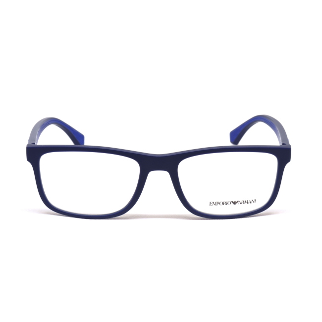 Emporio Armani EA 3147 col. 5754 è una montatura da vista da uomo in acetato blu satinato, dalla forma rettangolare e calibro 55.