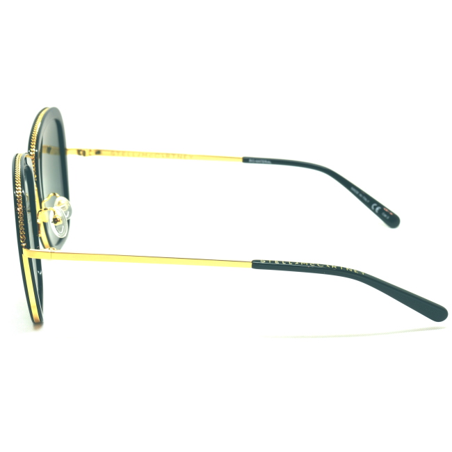 Stella McCartney SC 0206 S col. 001 è un occhiale da sole in metallo oro con oculari celluloide neri e calibro 55.