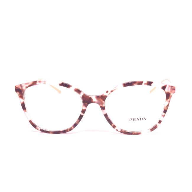 Prada VPR 11V col. ROJ-1O1 è una montatura da vista in acetato marrone-rosa tartarugato e calibro 53.