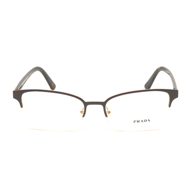 Prada VPR 61X col. 331-1O1 è una montatura da vista in metallo oro-rosa con ciliari smaltati marroni e calibro 52.