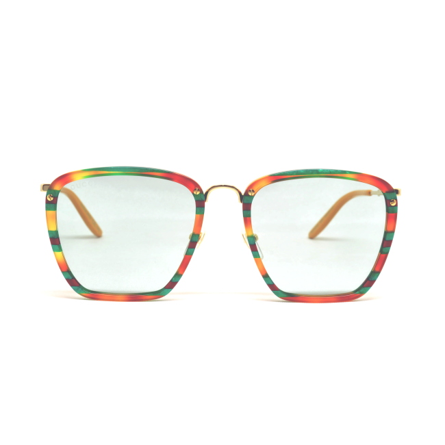Gucci GG 0673 S col. 003 è un occhiale da sole in metallo oro con oculari celluloide tartarugato con dettagli web verdi e rossi e calibro 56.