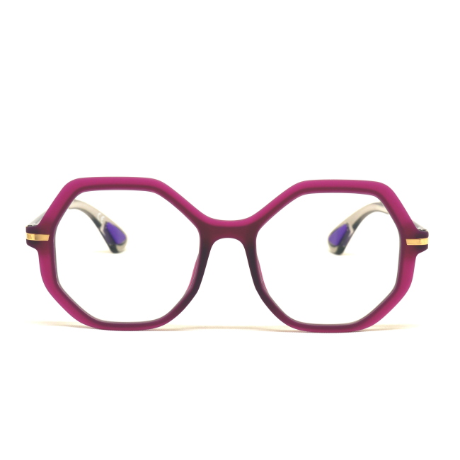 Airdp Style DUDU col. C2 è una montatura da vista in acetato viola satinato con aste grigie trasparenti lucide e calibro 51.