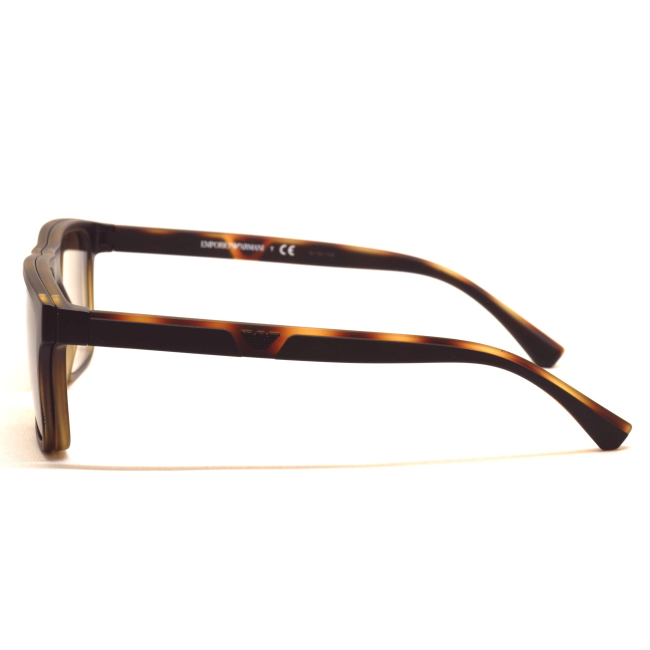 Emporio Armani EA 4115 + CLIP col. 5802/1W è un occhiale da sole in acetato marrone tartarugato satinato e calibro 54.