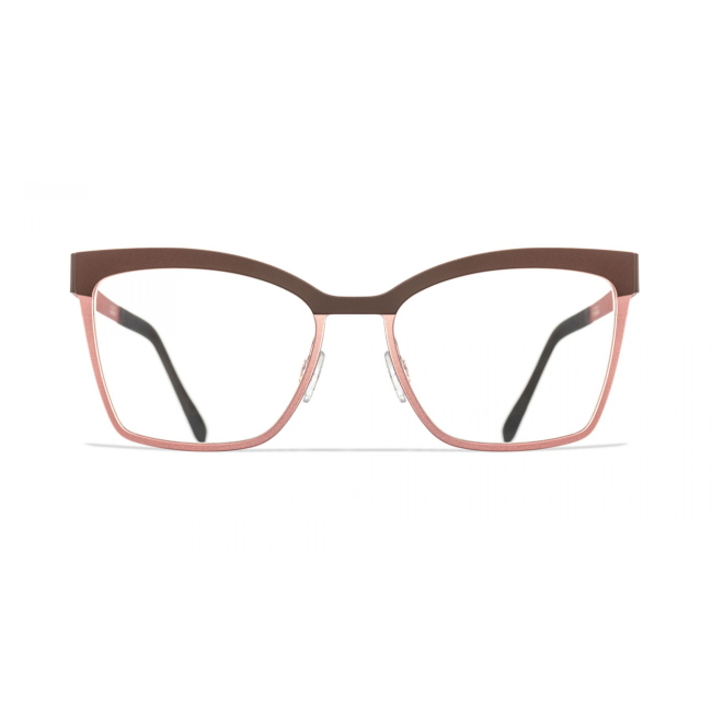 BLACKFIN BF 960 ROSE HALL col. 1402 è una montatura da vista in titanio rosa metallizzato, ciliare e aste marroni e calibro 53.