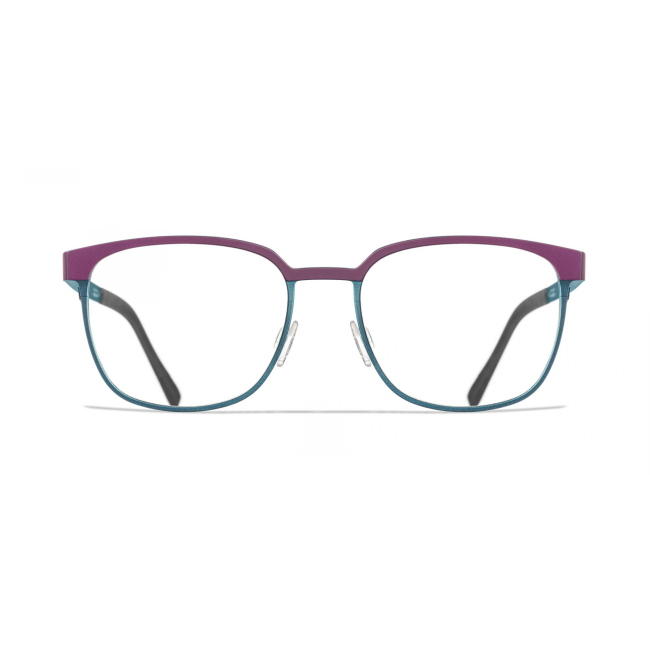BLACKFIN BF 962 WHITEBROOK col. 1399 è una montatura da vista in titanio ciliare aste e ciliare viola prugna, interno e dettagli frontali verde oltremare metallizzato e calibro 52.
