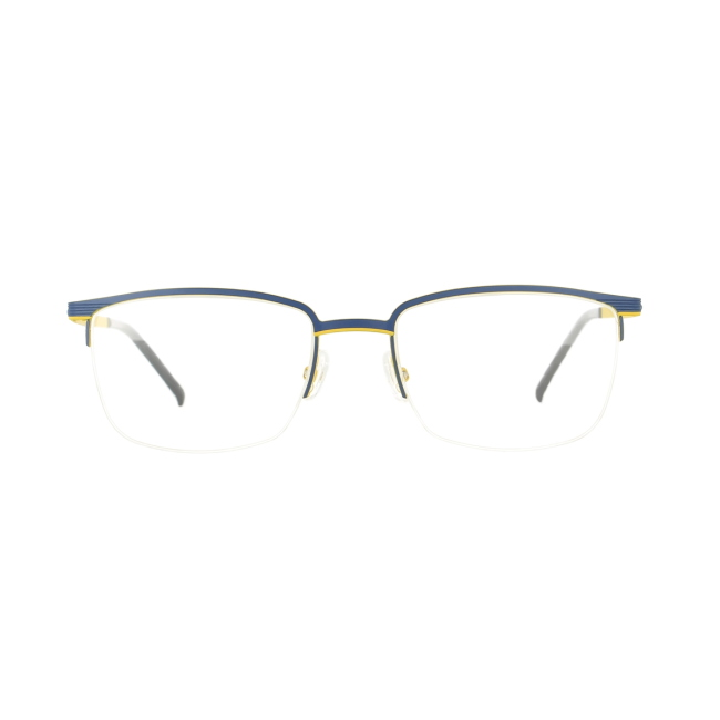 Vanni V6312 col. C403 è una montatura da vista in metallo opaco blu e giallo e calibro 53.