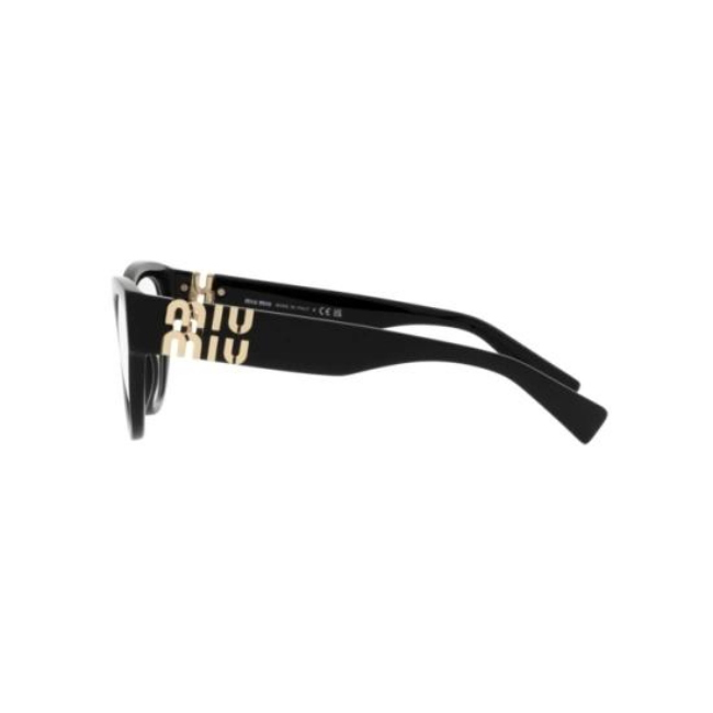 Miu Miu VMU 01V col. 1AB-1O1 è una montatura da vista da donna in acetato nero lucido, dalla forma pantos e calibro 52.