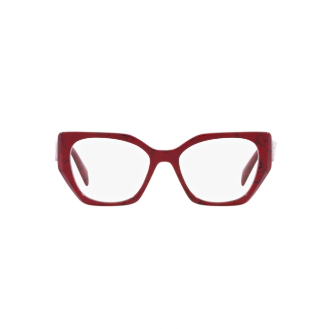 Prada VPR 18W col. 15D-1O1 è una montatura da vista in acetato bordò effetto marmo etrusco rosso e calibro 54.