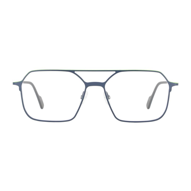 Vanni V 6328 col. C504 è una montatura da vista in metallo blu navy opaco, profilo superiore verde lime e calibro 55.