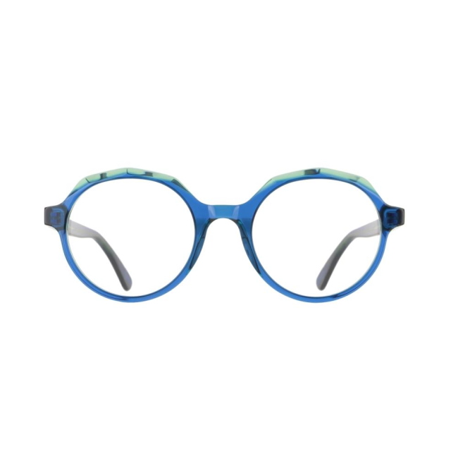 Vanni V 1644 col. A27 è una montatura da vista in acetato blu e verde chiaro trasparente e calibro 49.