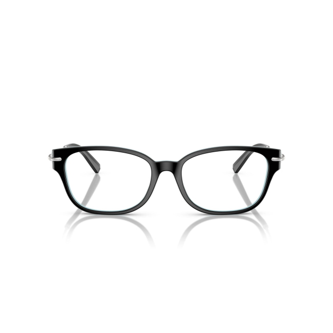 Tiffany & Co. TF 2262 col. 8055 è una montatura da vista da donna in acetato nero su blu tiffany, dalla forma pillow e calibro 52.
