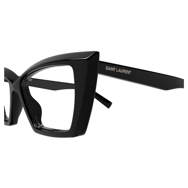 Saint Laurent SL 657 OPT col. 001 è una montatura da vista da donna in acetato nero lucido e calibro 54.