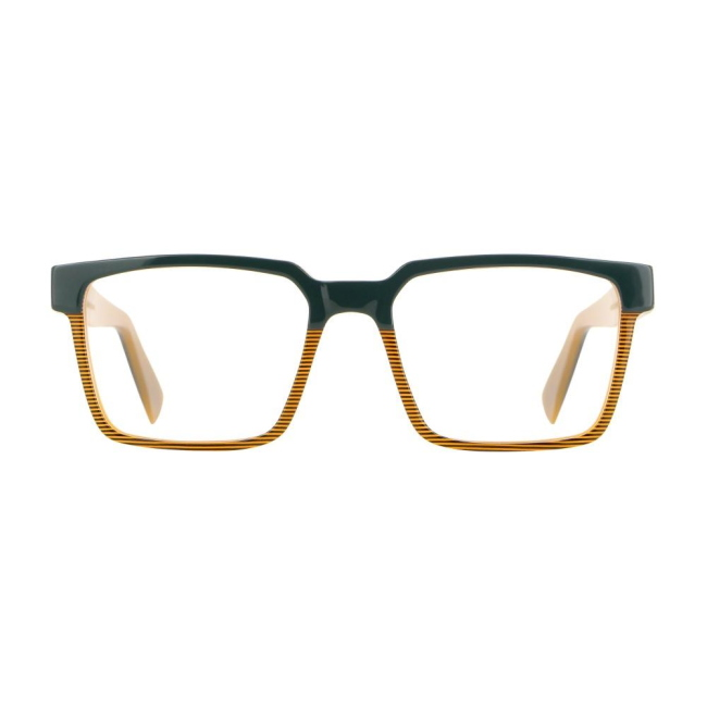 Vanni Uomo V2171 col. A739 presenta un profilo lineare in acetato VERDE E AMBRA. Calibro 53, con linee pensate per l'uso quotidiano.