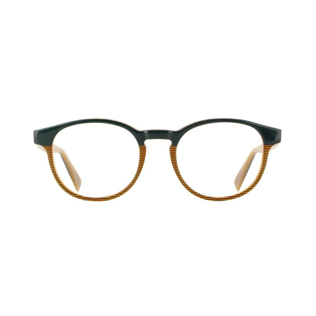 Vanni Uomo V2174 col. A739 abbina acetato VERDE E AMBRA a un profilo essenziale. Calibro 50, con una presenza ben definita sul viso.