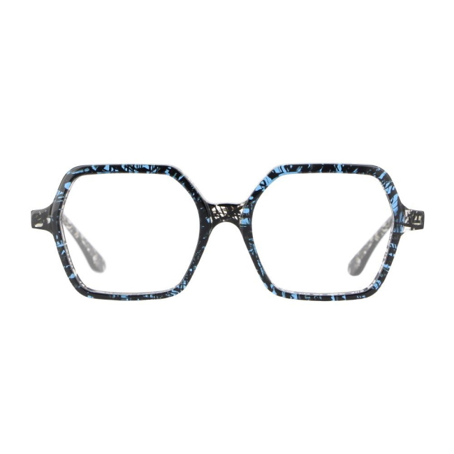 Vanni Eyewear V1712 Col.A94 Cal.54: occhiale da vista, calibro 54, colore A94. Materiale/finitura celluloide blu nero e trasparente, colore principale blu.
