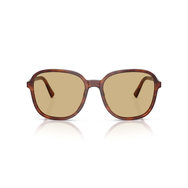 Miu Miu SMU B01 Col.26E-10R Cal.58: occhiale da sole, calibro 58, colore 26E-10R. Materiale/finitura celluloide marrone tabacco striato, colore principale marroni, lenti giallo.