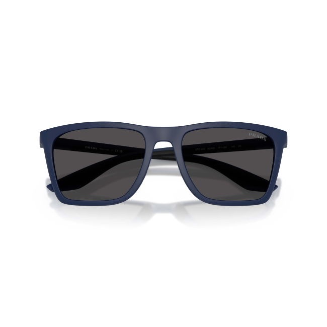 Prada Linea Rossa SPS B08 Col.TFY-06F Cal.56: occhiale da sole, calibro 56, colore TFY-06F. Materiale/finitura celluloide blu satinato, colore principale blu, lenti grigio scuro.