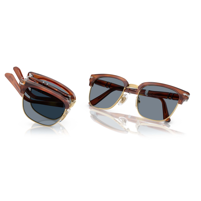 Persol PO 3375S Col.96/56 Cal.52: occhiale da sole, calibro 52, colore 96/56. Materiale/finitura celluloide terra di siena, colore principale marroni, lenti azzurro.
