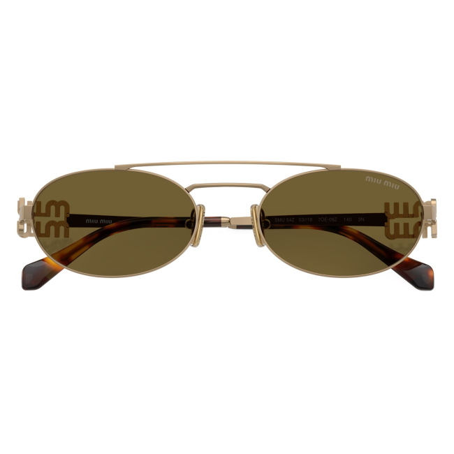 Miu Miu SMU 54Z 7OE-09Z: occhiale da sole da donna dalla forma ovale in metallo Oro ottone, con lenti Marrone scuro, calibro 53.