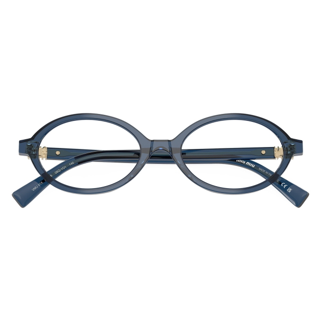 Miu Miu VMU 01X 08Q-1O1: occhiale da vista da donna dalla forma ovale in acetato Cristallo Blu, calibro 50.