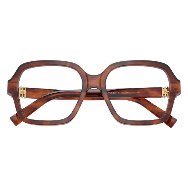 Miu Miu VMU 03Y 26E-1O1: occhiale da vista da donna dalla forma squadrata in acetato Tabacco striato, calibro 52.