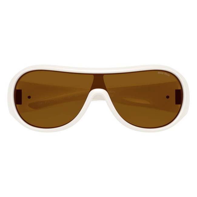 Miu Miu SMU B14 17K-20V: occhiale da sole da donna dalla forma irregolare in iniettato Bianco, con lenti Bronzo Scuro, calibro 33.
