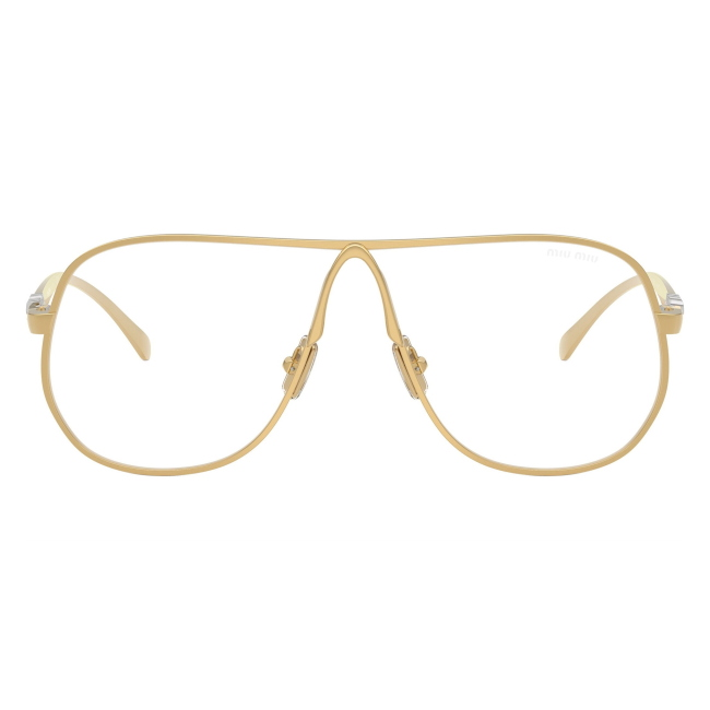 Miu Miu SMU A56 5AK-08N: occhiale da sole da donna dalla forma pilot in metallo Oro, con lenti Clear Blue-Violet Light Filter, calibro 66.