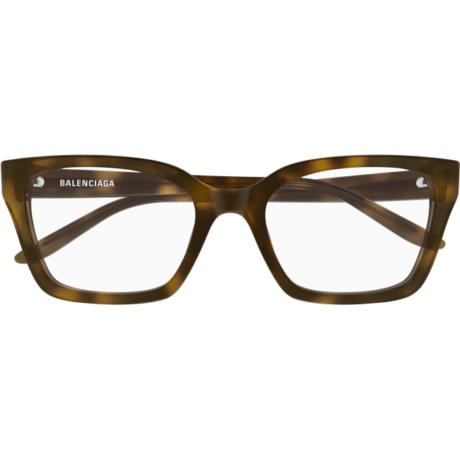 Balenciaga BB0501O, colore 003. Montatura da vista dalla forma cat-eye, finitura avana, misure 55-20-145 mm.