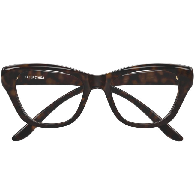 Balenciaga BB0519O, colore 002. Montatura da vista dalla forma a farfalla, finitura avana, misure 53-19-145 mm.